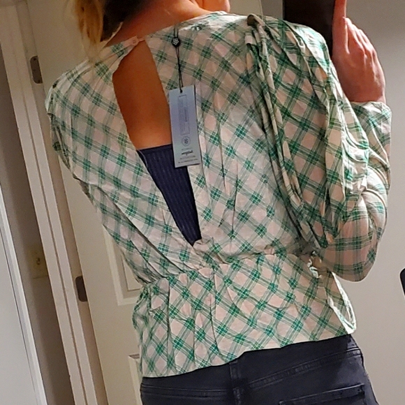 DAISY STREET Peplum Top Balloon Sleeve Plaid Open Back Cropped - Picture 3 of 6